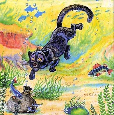 кошка нырнула под воду за мешком