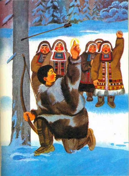 Находчивый стрелок (эвенкийская сказка) охотник с луком снег