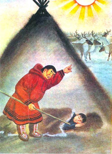 Хозяин и работник (ненецкая сказка) спит в юрте