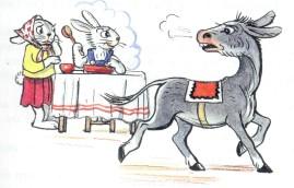 Сказка: Помощник (иллюстрации: Сутеев В.) осел ослик заяц за столом обедает ужинает зайчиха